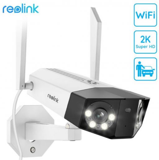 Kamera Reolink Duo WiFi, dva objektiva, 2K Super HD, WiFi, 150° smenalni kot, IR nočno snemanje, LED reflektorji, aplikacija, IP66 vodoodpornost, dvosmerna komunikacija, bela