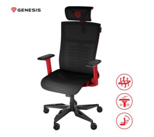 Gaming / pisarniški stol Genesis Astat 700, ergonomski, tehnologija PureFlowPLUS™, konstrukcija ExoBase™, kolesa CareGlide™, nastavljiva višina / naklon, črn-rdeč