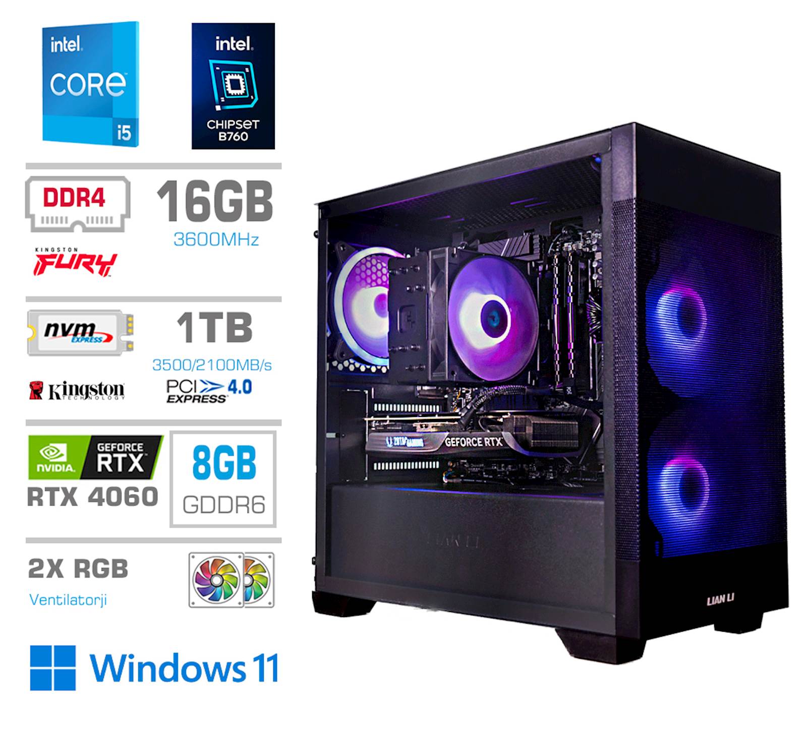 Namizni računalnik PCX Exton i5 14400/16GB/1TB/RTX4060/RGB/W11H 1