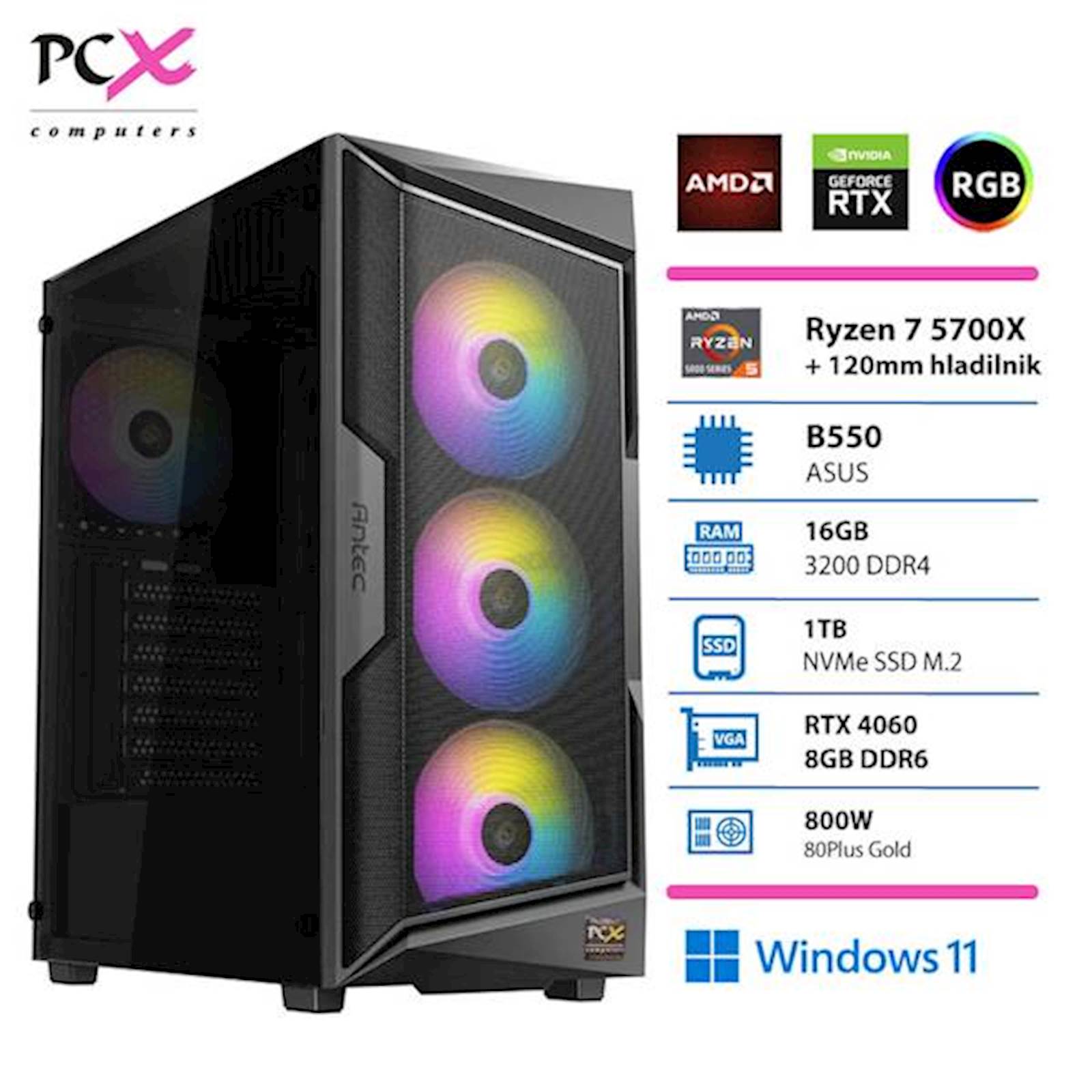 Namizni računalnik PCX Extian R7 5700X 16GB 1TB RTX4060 W11 1